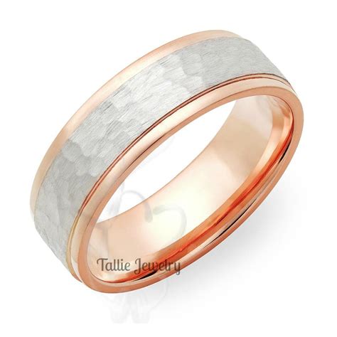 Hammered Finish Two Tone Gold Wedding Bands 7mm 14k White And Rose