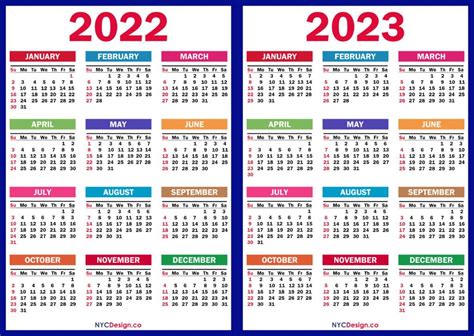 2022 2023 Two Year Calendar Printable Free Colorful Blue Green