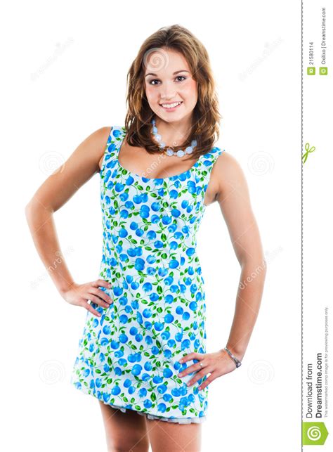Beautiful Girl In Wearing Cute Blue Dress Stock Photo