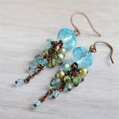 Blue Czech Glass Cluster Earrings Dangle Earrings By YuniDesigns