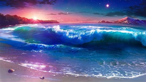 Beach Waves Sunset Scenery Anime K Wallpaper