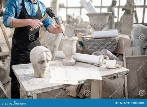 Sculptor Working With Stone Vase Indoors Stock Image Image Of Head