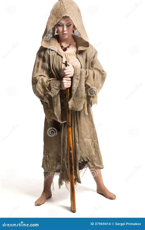 Savage Woman With Gun Stock Photo Image Of Lance Coat 37969414