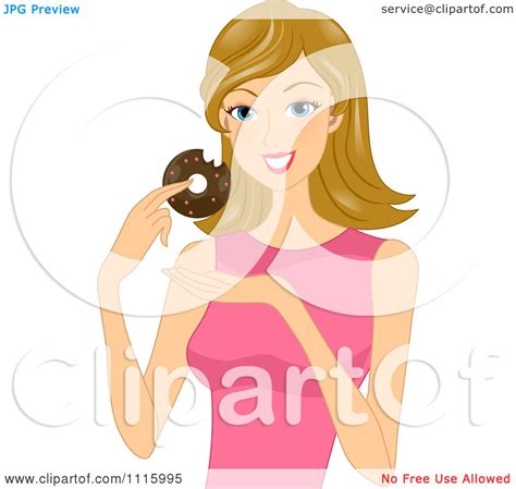 Clipart Happy Blond Woman Eating A Chocolate Donut Royalty Free Vector Illustration By Bnp