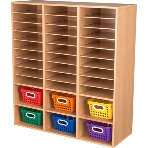Oak 27 Slot Mail And Supplies Center With 6 Cubbies And Baskets Primary