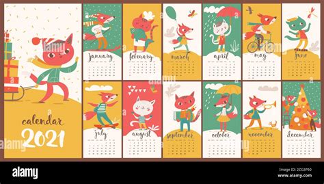 Vector 2021 Calendar With Funny Foxes And Cats In Flat Style Stock