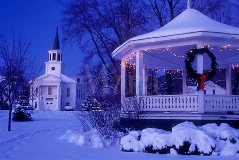 The First Baptist Church And Gazebo On The Green Are Decorated For The