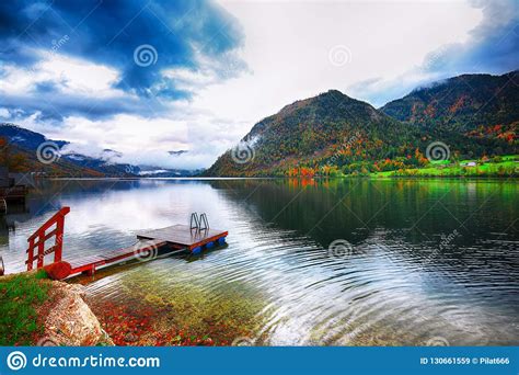 Idyllic Autumn Scene In Grundlsee Lake In Alps Mountains Austri Stock