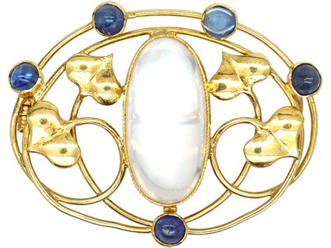 Art Nouveau 15ct Gold Brooch Set With Cabochon Sapphires And Moonstone