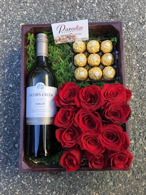 Box Roses Wine And Chocolates Wine Gift Box Ideas Flower Box Gift