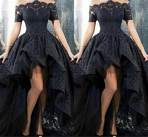 2017 Black Lace Off Shoulder High Low Prom Dress Sexy