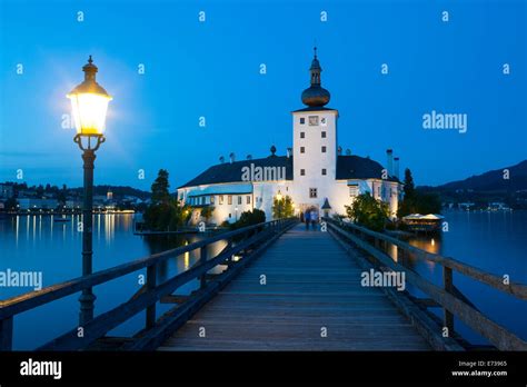 Picturesque Schloss Ort Illuminated At Dusk Lake Traunsee Gmunden