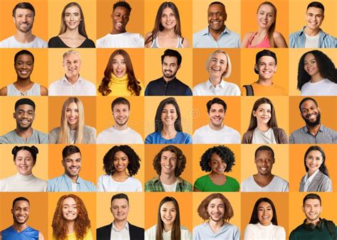 Multiracial People Posing On Orange Studio Backgrounds Collection Of