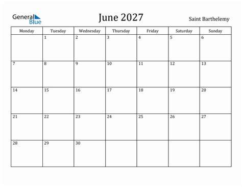 June 2027 Saint Barthelemy Monthly Calendar With Holidays