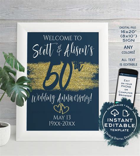 Editable 50th Anniversary Welcome Sign, Any Color Year Wedding Anniver
