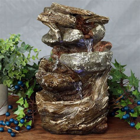 Tiered Rock And Log Tabletop Fountain W Led Lights By Sunnydaze