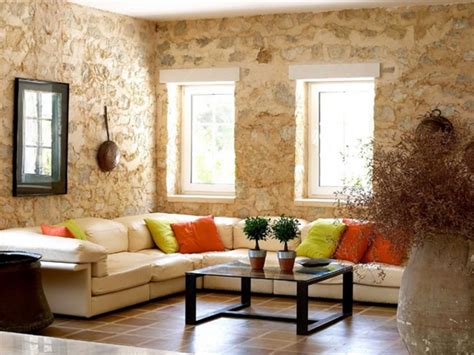 Stone Walled Beige Living Room Walls