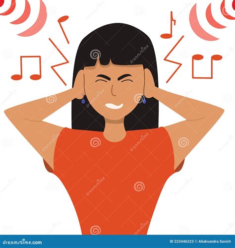 The Girl Covered Her Ears With Her Hands From Loud Music Noise Vector Illustration In Flat