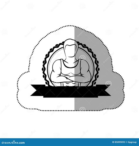 Contour Sticker Border With Silhouette Muscle Man Crossed Arms And