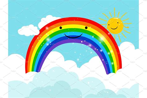 Cartoon Smiling Rainbow In Sky Custom Designed Illustrations