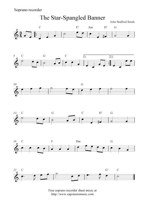 Easy Sheet Music For Beginners The Star Spangled Banner Free Soprano