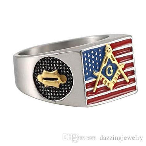 Mens Stainless Steel 18k Gold Plated Colorful Epoxy American Flag Freemason Ring Freemasonry
