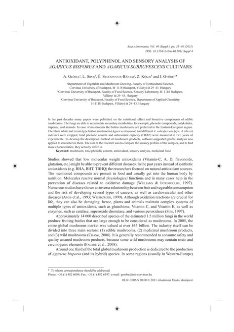 Pdf Antioxidant Polyphenol And Sensory Analysis Of Agaricus Bisporus