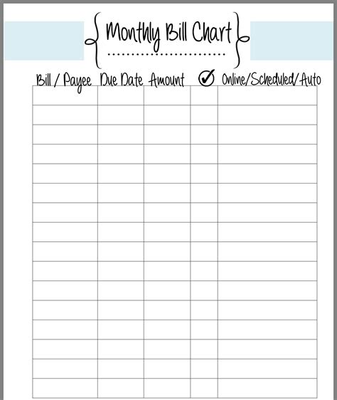 Monthly Bill Chart Example Calendar Printable