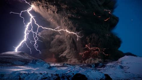 Nature Landscapes Mountains Volcano Smoke Explosion Lightning Snow Fire