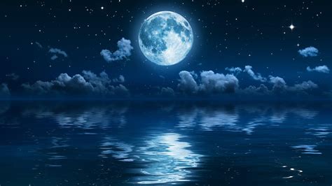 Full Moon Stars Sea Sky Night Night Sky Moon Hd