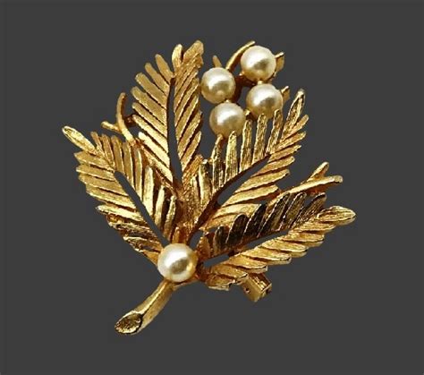 Pine Leaves Vintage Brooch Gold Tone Faux Pearls Kaleidoscope Effect