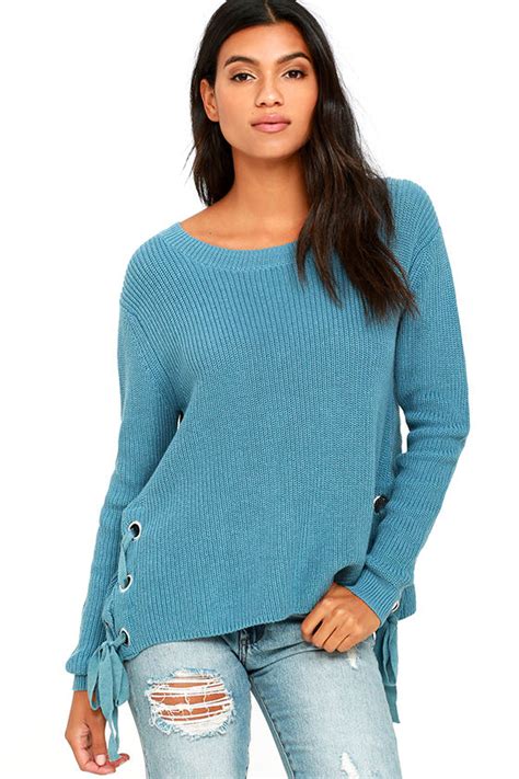Cute Slate Blue Sweater Lace Up Sweater Knit Sweater 4100 Lulus