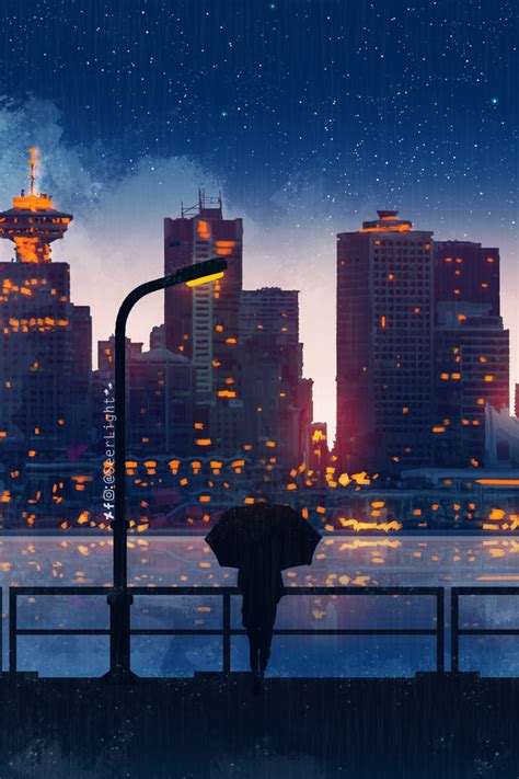 640x960 Anime City Lights Night Rain Umbrella Sky 5k