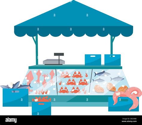 Seafood Market Stall Flat Illustration Fresh Sea Food In Ice Trade Tent Fish Counter Fair