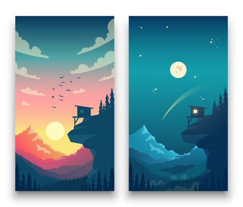 Day And Night Flat Vector Mountain Landscape With Moon