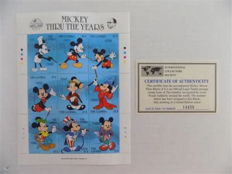 Disney Mickey Through The Years Postage Stamp Sheet Gambia 1988 Coa 7