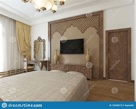 Bedroom In The Middle Eastern Arabian Style With Luxurious Wooden