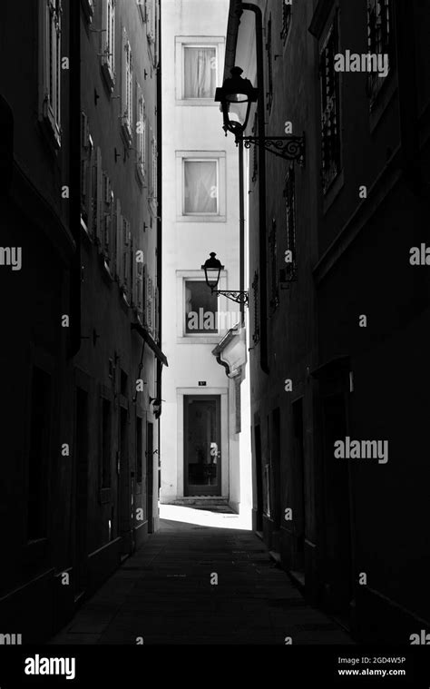 Narrow Street View In Triest In Summer 2020 In Black And White Stock
