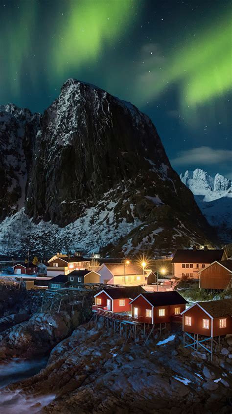 480x854 Lofoten Norway Village Aurora Northern Lights 4k Android One Hd