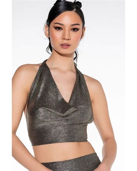 Akira Synthetic Cant Top Wont Stop Cowl Neck Halter Top In Gold