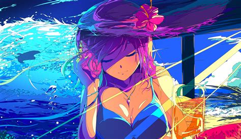 Berry Verrine Anime Anime Girls Bikini Bonnet Beach Hat Sea Colorful Artwork Digital