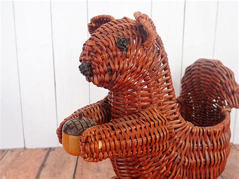 Vintage Brown Woven Wicker Squirrel Animal Basket Planter