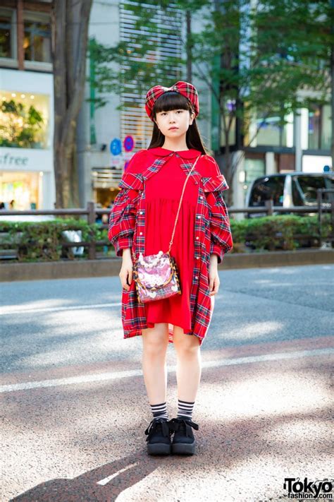 Harajuku Girl S Twin Hair Buns Budweiser Scarf And Plaid Blazer