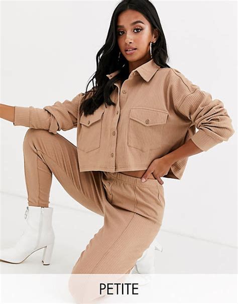 Missguided Petite Co Ord Ribbed Crop Shirt In Camel Asos