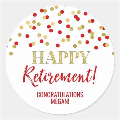 Red Gold Confetti Happy Retirement Classic Round Sticker Zazzle