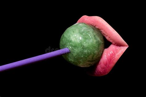 Woman Mouth With Pink Lips Holding Lollipop Beauty Closeup Girl Suck