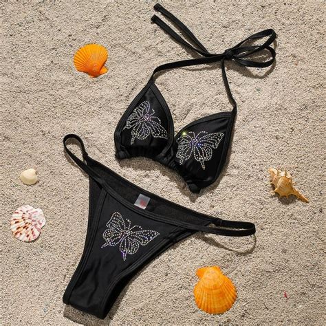 2022 New Swimwear Women Sexy Butterfly Rhinestones Bikini Set Bathing