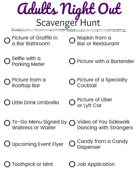 Printable Adults Night Out Scavenger Hunt Clues For Weekend Fun Adult Night Scavenger Hunt
