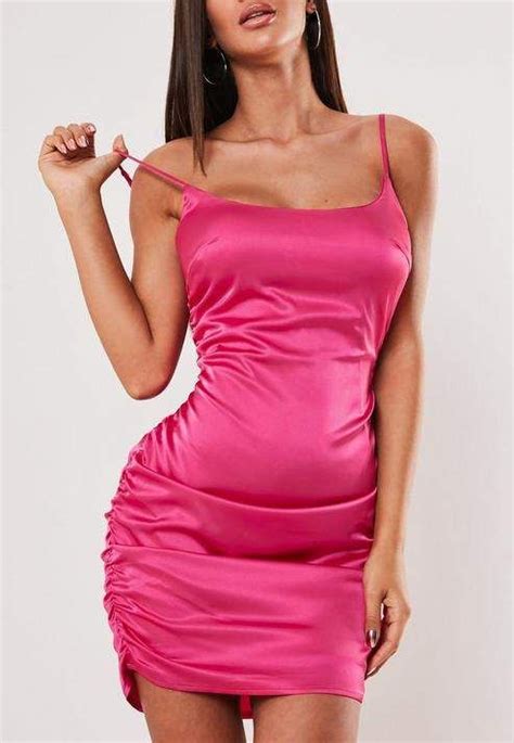 Missguided Hot Pink Satin Ruched Cami Bodycon Mini Dress Mini Dress