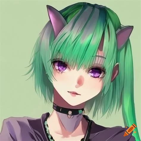 anime girl with green hair and cat ears